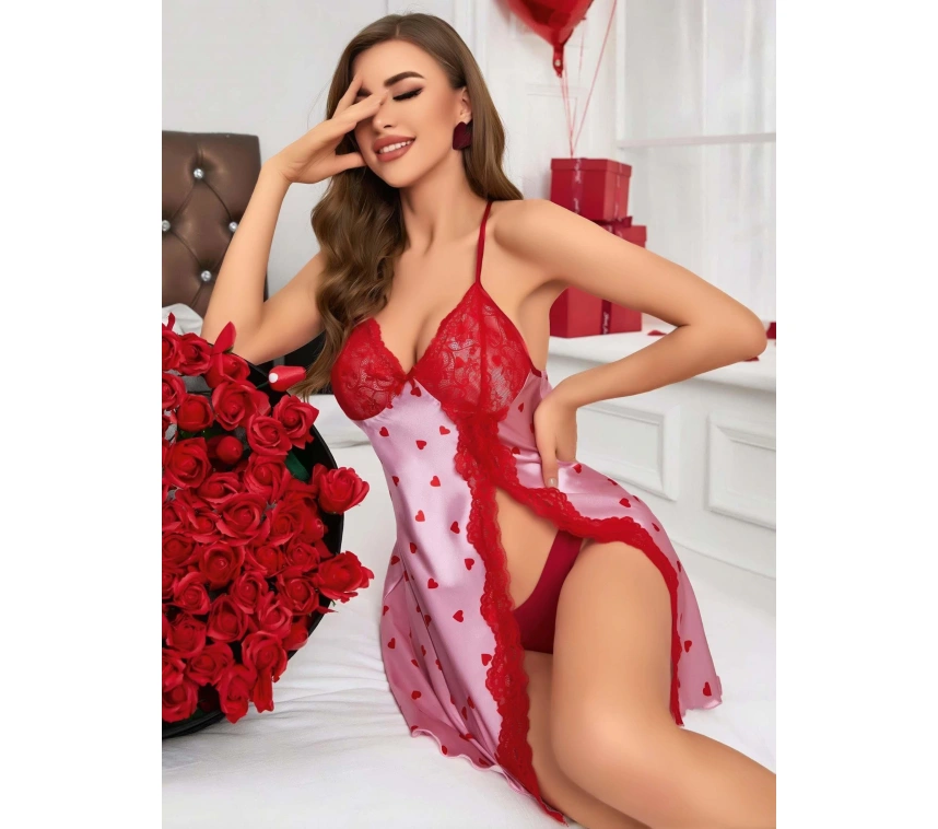 Kadın Kırmızı Kalp Desenli Saten Gecelik 2220