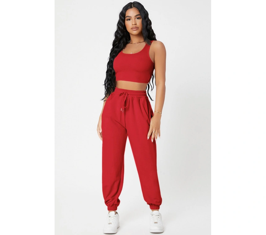 Kadın Kırmızı Kaşkorse Cepli Jogger Eşofman Altı Ve Crop Top Bluz