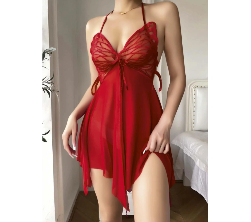 Kadın Kırmızı Kelebek Detaylı Tül Fantezi Gecelik 2246