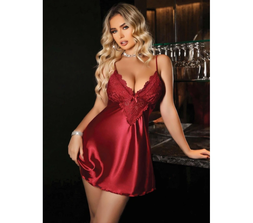 Kadın Kırmızı Saten Askılı Dantel Detaylı Gecelik 2227