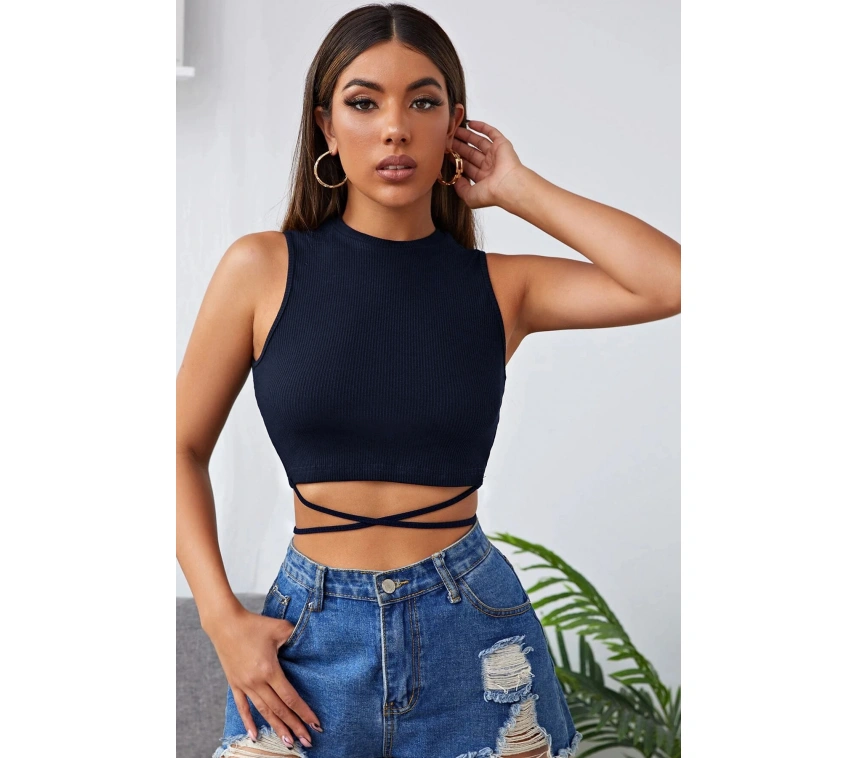 Kadın Lacivert Çapraz Bağlamalı Crop Top Büstiyer