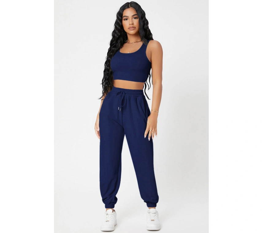 Kadın Lacivert Kaşkorse Cepli Jogger Eşofman Altı Ve Crop Top Bluz