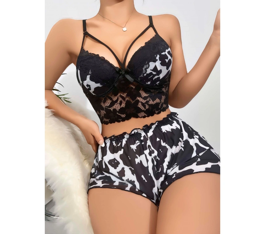 Kadın Leopar Dantel Detaylı Şortlu Gecelik Pijama Takımı 5055