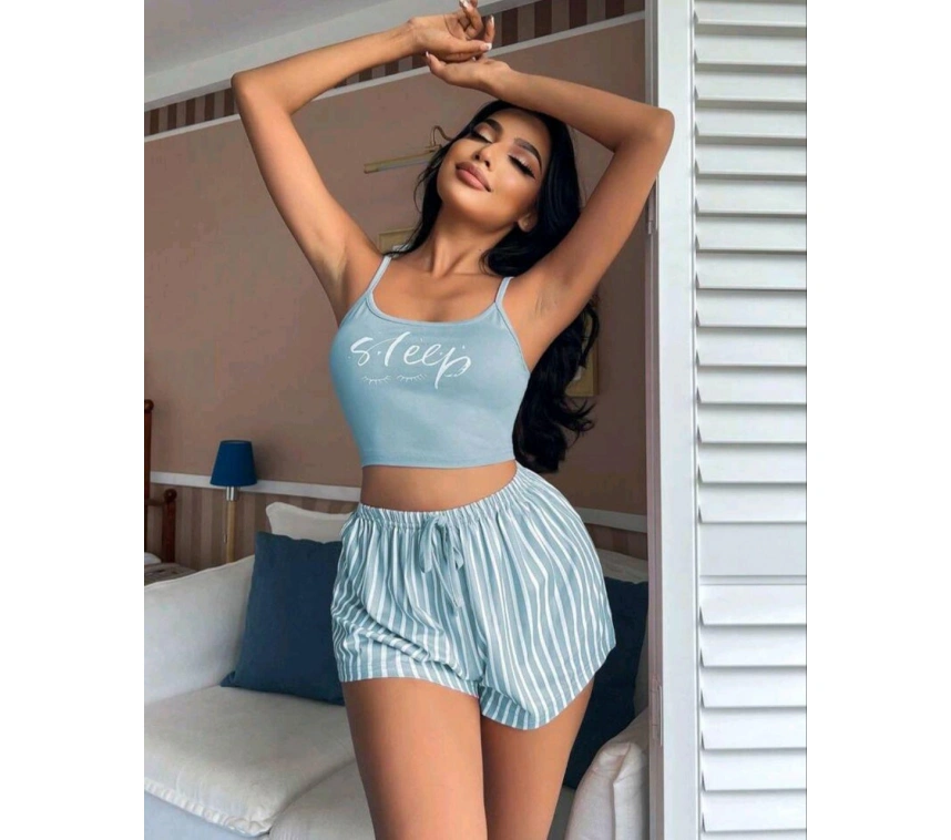 Kadın Mavi Çizgilidesenli Askılı Şortlu Pijama Takım 9001