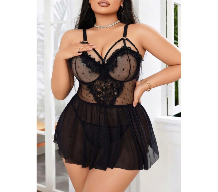 Kadın Nakışlı Siyah Gotik İp Askılı Büyük Beden Tüllü Transparan Fantezi Gecelik 8007