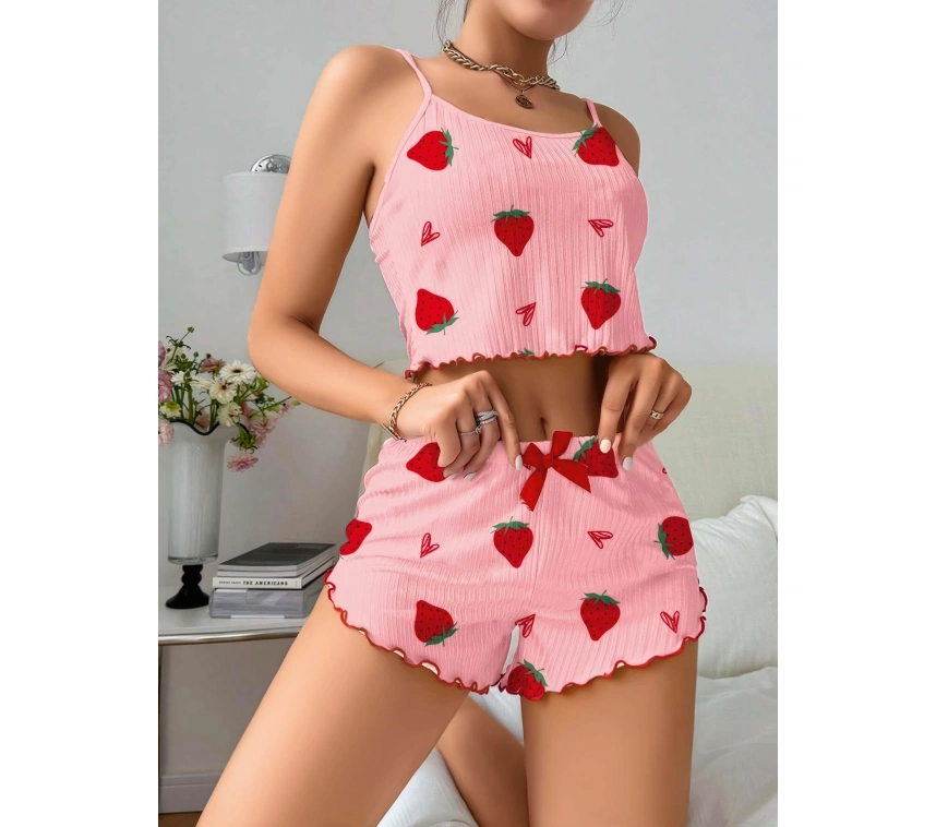 Kadın Pembe Çilek Desenli Şortlu Pijama Takımı 5056
