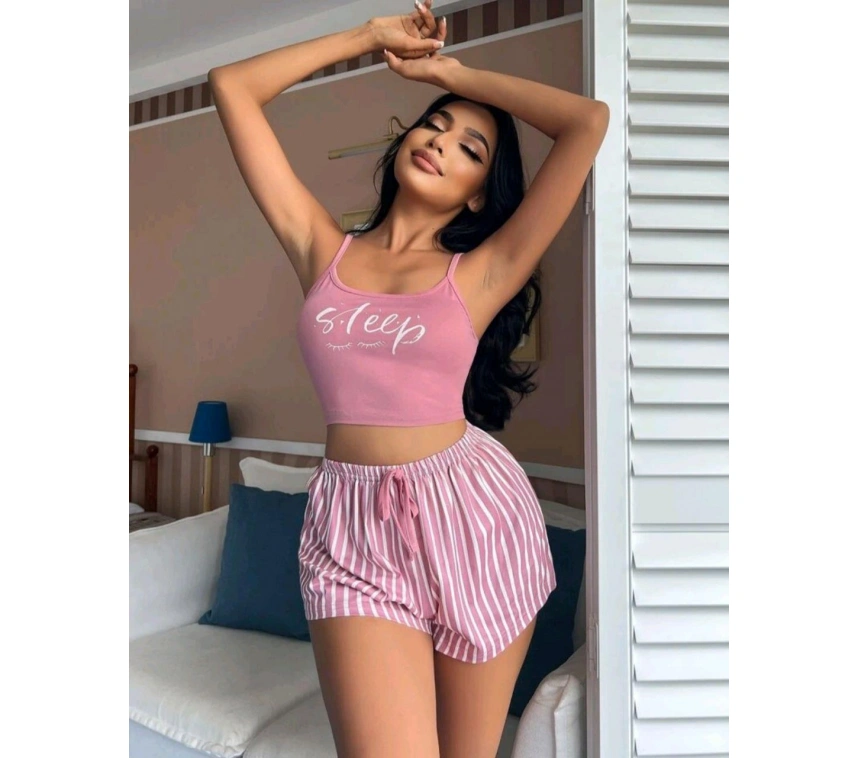 Kadın Pembe Çizgili Desen Askılı Şortlu Pijama Takım 9002