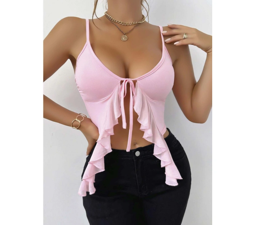 Kadın Pembe Crop Askılı Önden Bağlama Fırfır Detaylı 5090