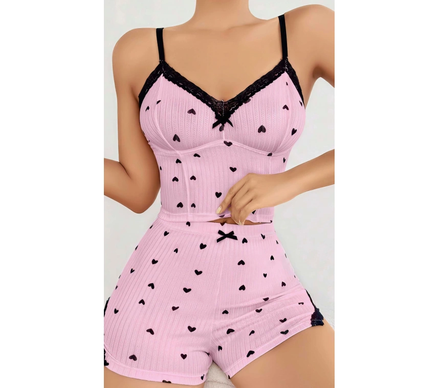 Kadın Pembe Kalp Desenli Askılı Şortlu Pijama Takım 6647