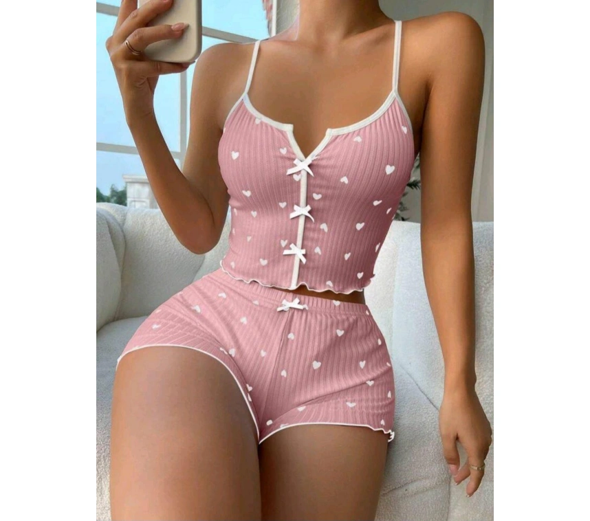 Kadın Pembe Kalpli Askılı Şortlu Pijama Takım 6654