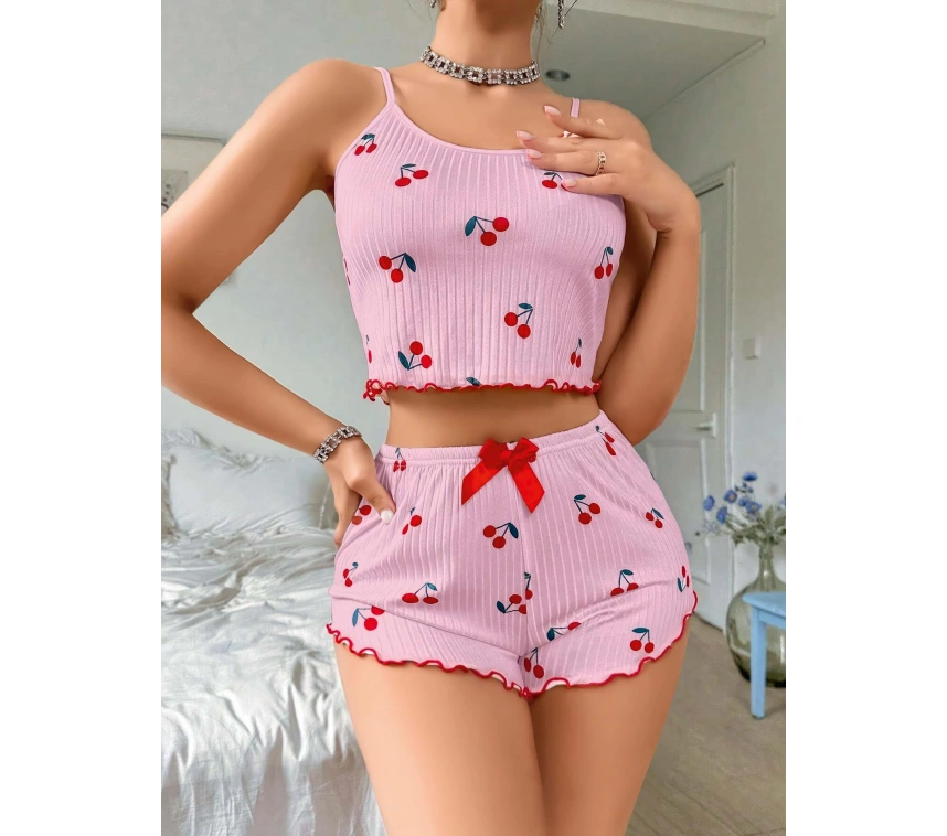 Kadın Pembe Kiraz Desenli Askılı Şortlu Pijama Takım 6656