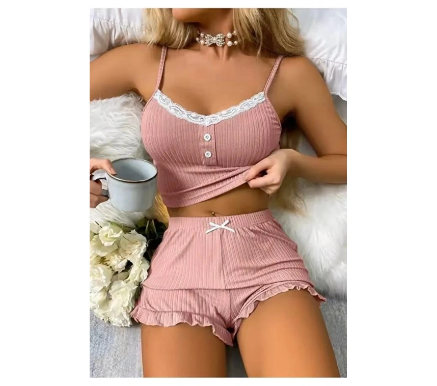 Kadın Pudra Dantel Detaylı Şortlu Gecelik Pijama Takımı 5015