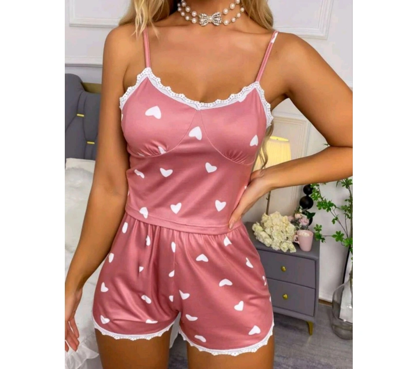 Kadın Pudra Kalp Desenli Seksi Gecelik Takım 6641