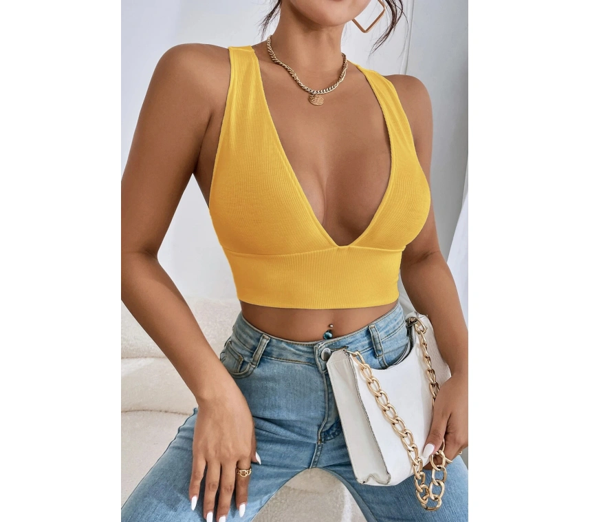 Kadın Sarı Çapraz Sırt Detaylı Şık Crop Top Büstiyer