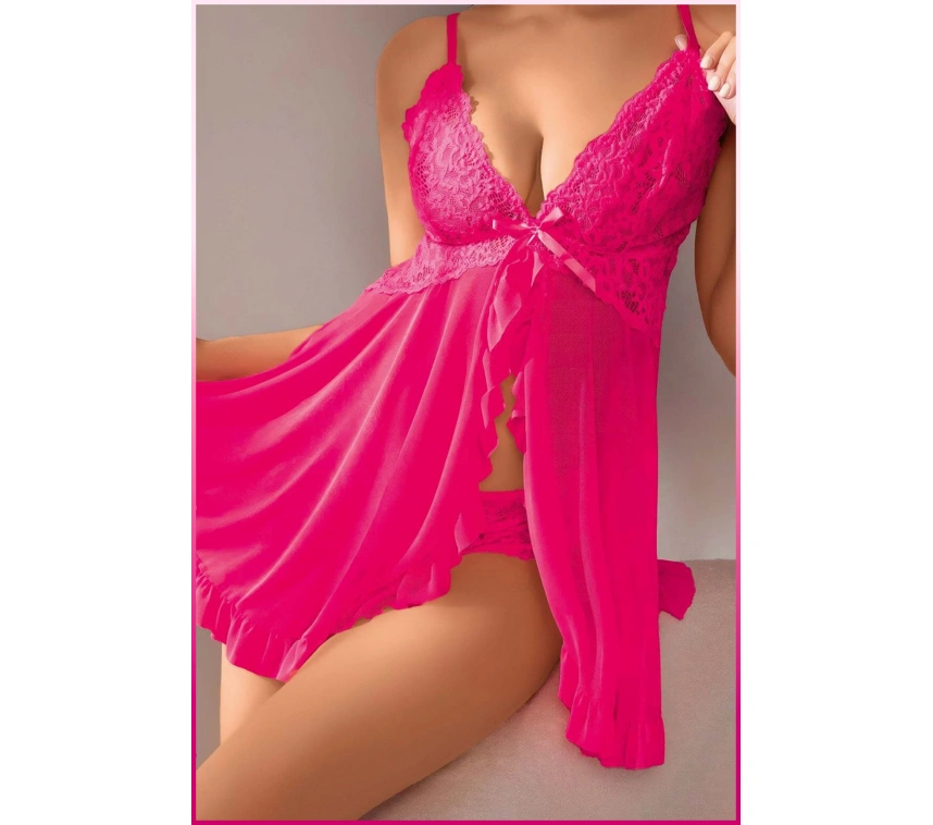 Kadın Seksi Fuşya Tül Gecelik Ve Külot Takım