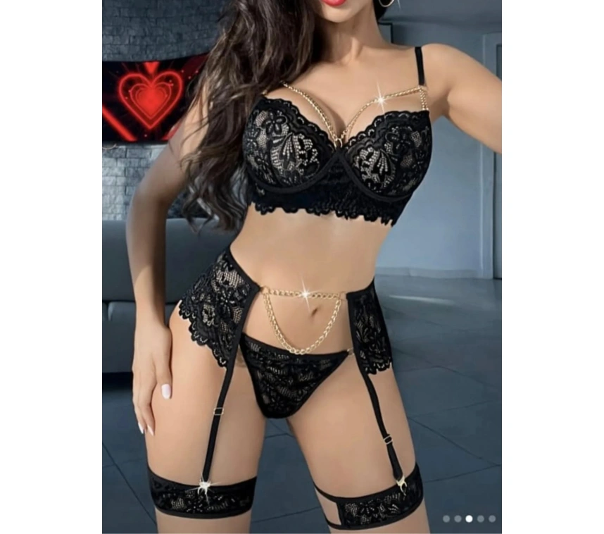 Kadın Seksi Siyah Jartiyer – Dantel Ve Zincir Detaylı Sütyen Külot Takımı