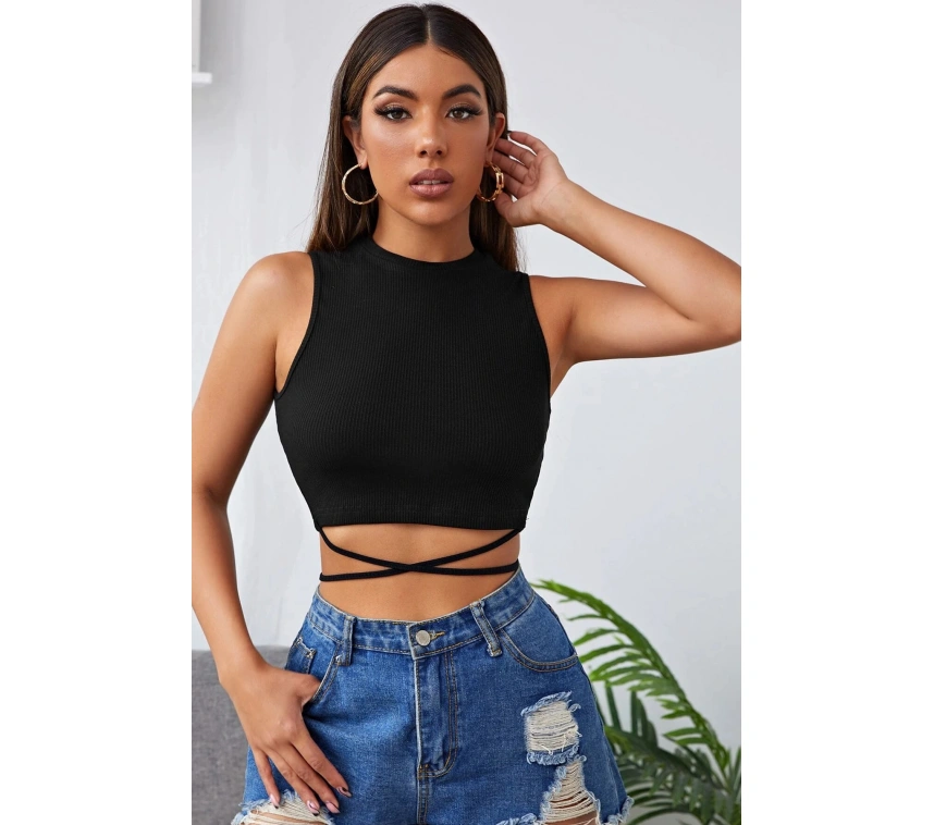 Kadın Siyah Çapraz Bağlamalı Crop Top Büstiyer