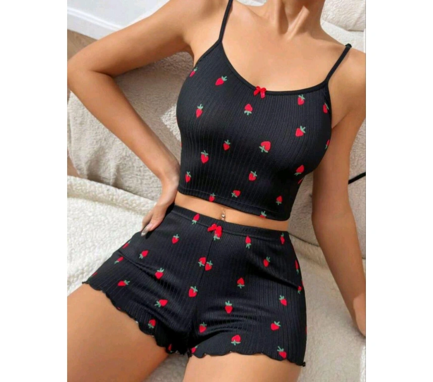 Kadın Siyah Çilek Desenli Seksi Gecelik Takım 6644