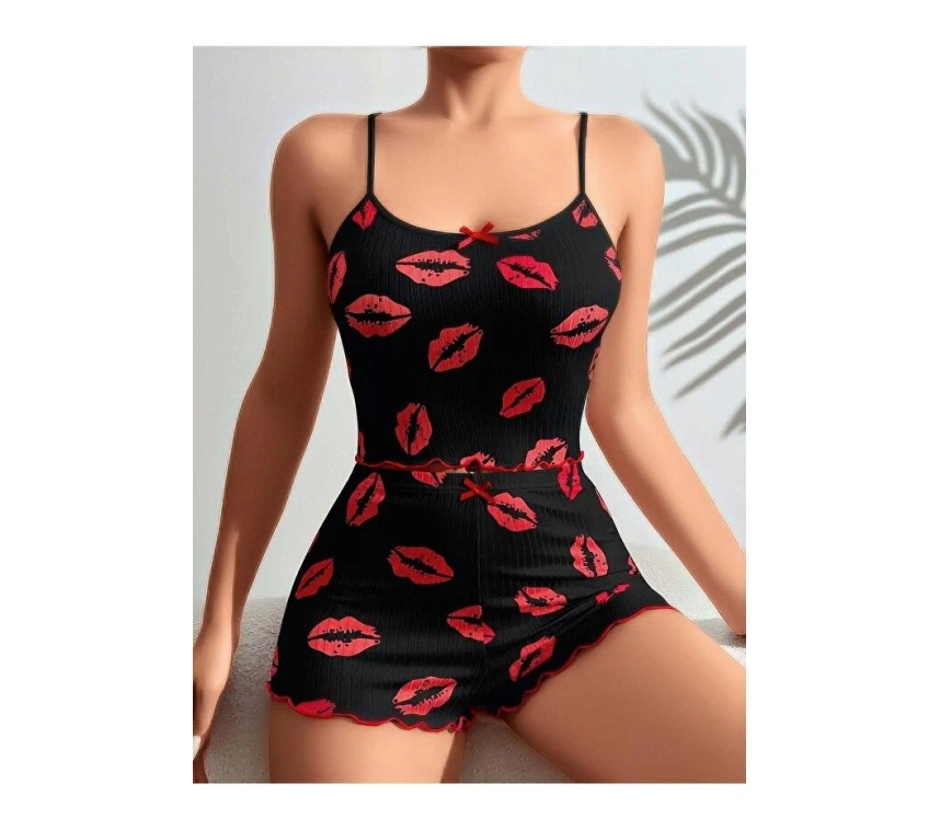 Kadın Siyah Dudak Desenli Şortlu Pijama Takımı 5057