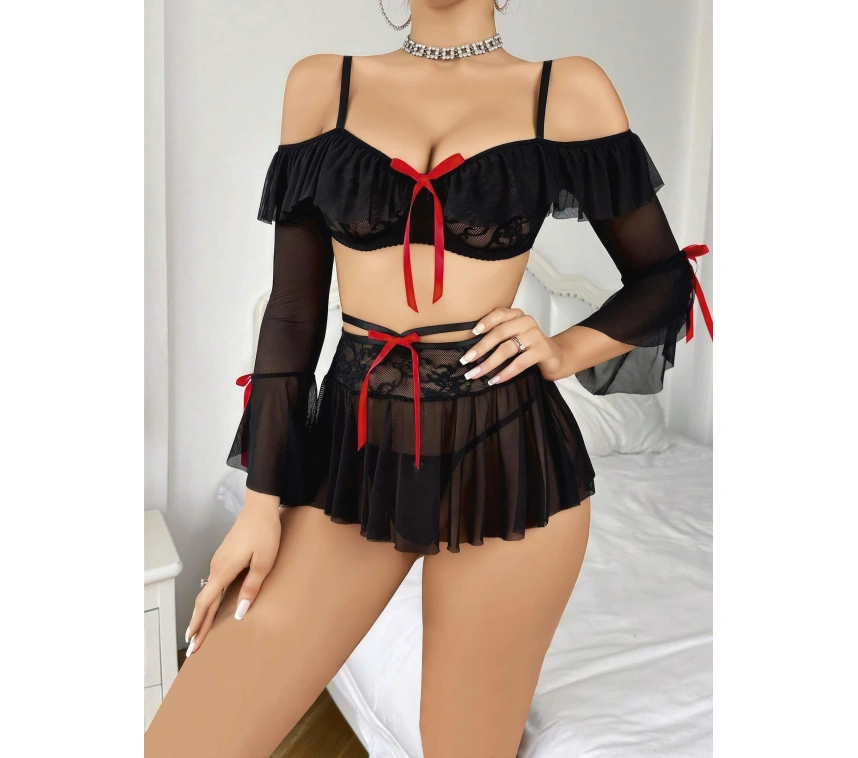 Kadın Siyah Etek Bustiyer Sexy Gecelik Takım 3831