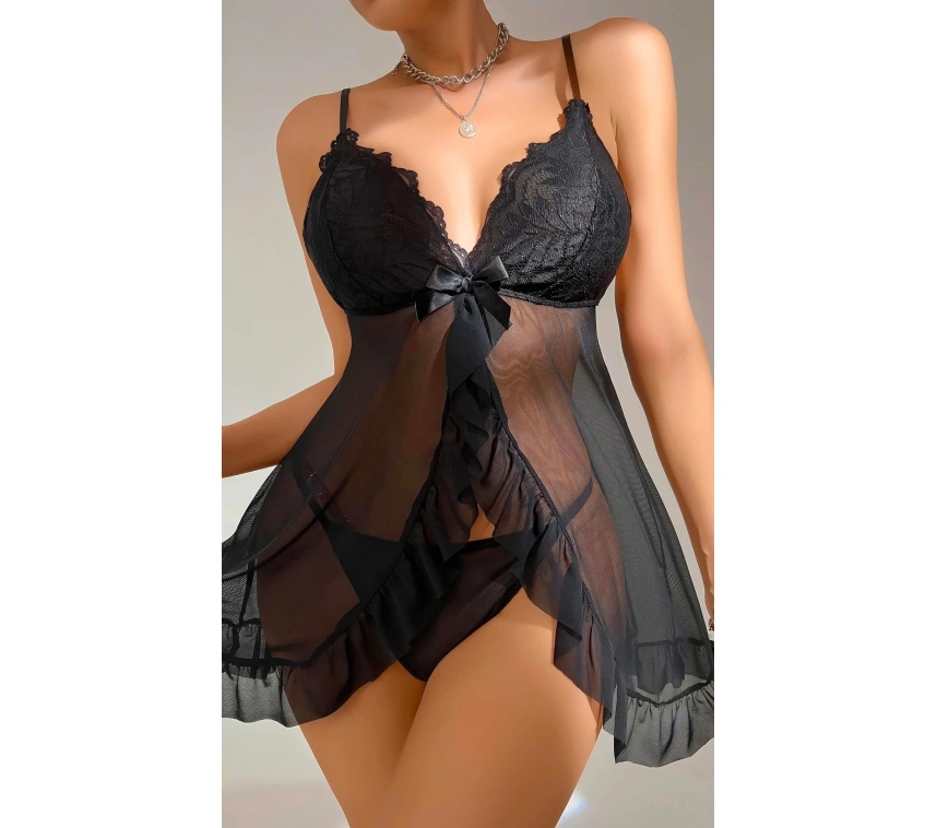 Kadın Siyah Fantezi Gecelik Tül Dantel Detaylı Fantezi Gecelik 2117