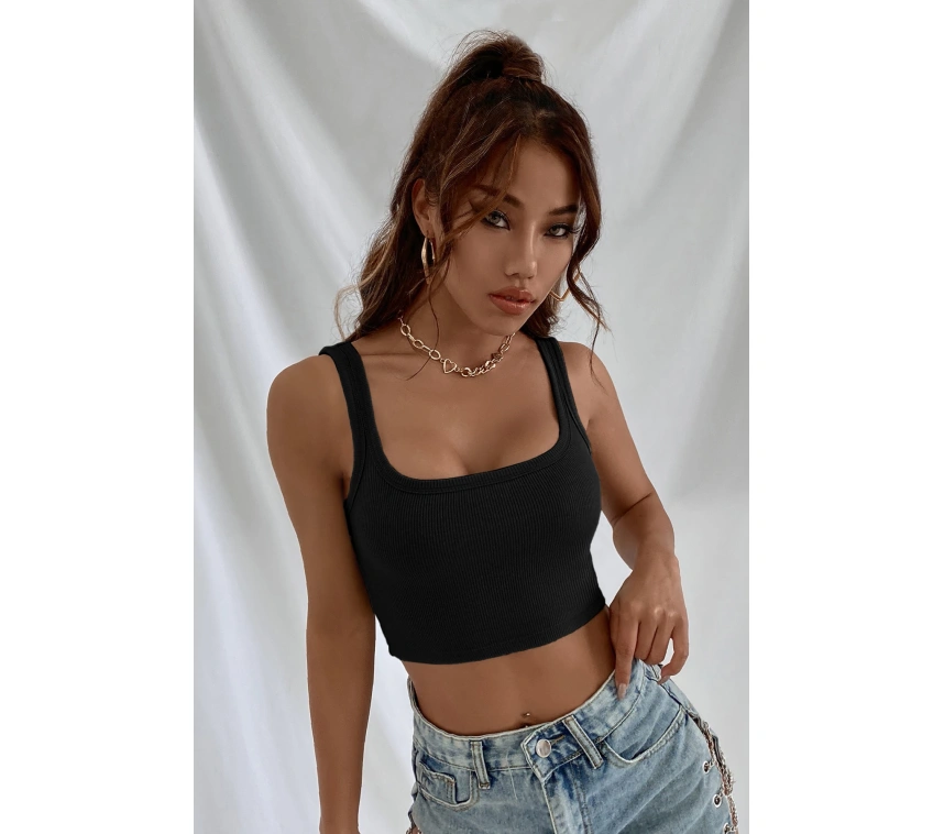 Kadın Siyah Kalın Askılı Crop Top Büstiyer