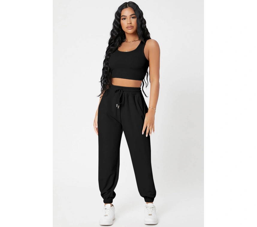 Kadın Siyah Kaşkorse Cepli Jogger Eşofman Altı Ve Crop Top Bluz