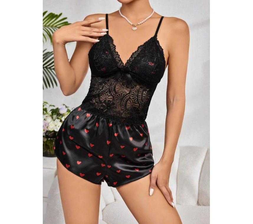 Kadın Siyah Kırmızı Kalp Desenli Saten Şort Pijama Takımı 2232