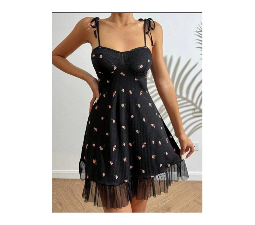 Kadın Siyah Pembe Gül Desenli Askılı Bağlamalı Dantel Detaylı Elbise 5072