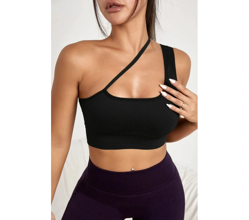 Kadın Siyah Tek Omuzlu Çapraz Askılı Crop Top Büstiyer
