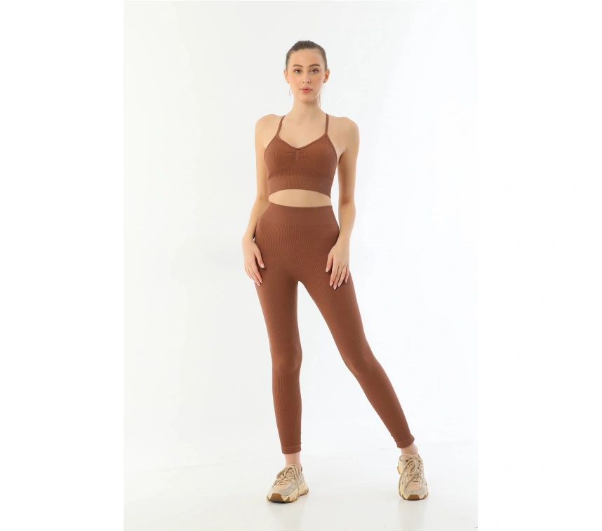 Kahve Mı Emay 3921 Soft Seamless Ripli Tayt Yoga Takımı