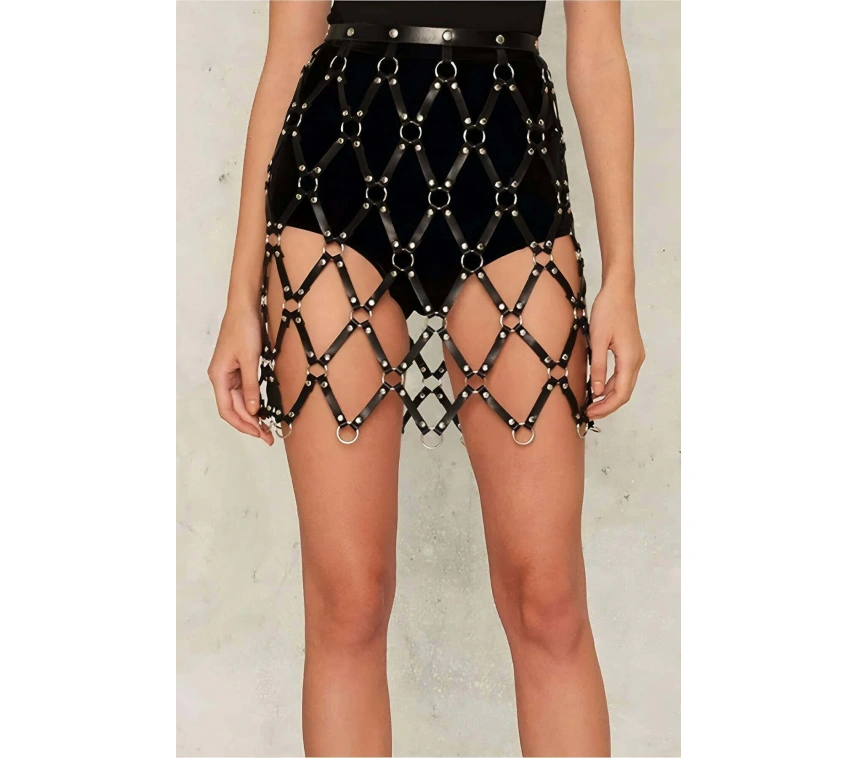 Kare Detaylı Şık Deri Harness Etek - Brf694