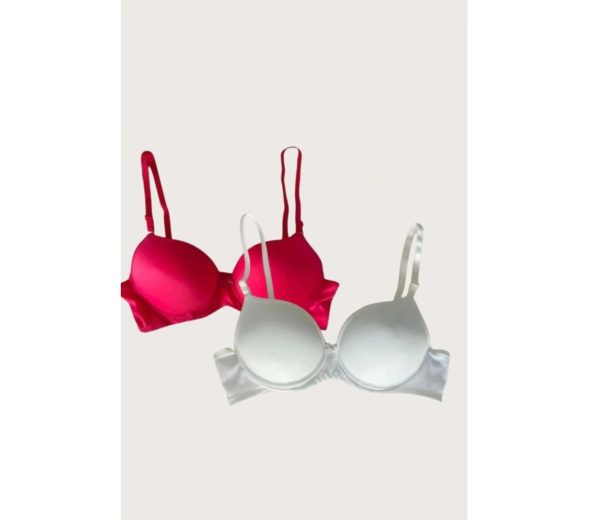 Kırmızı-beyaz 2li Mikro Kumaş Push Up Dolgulu Balenli Günlük Destekli Sütyen