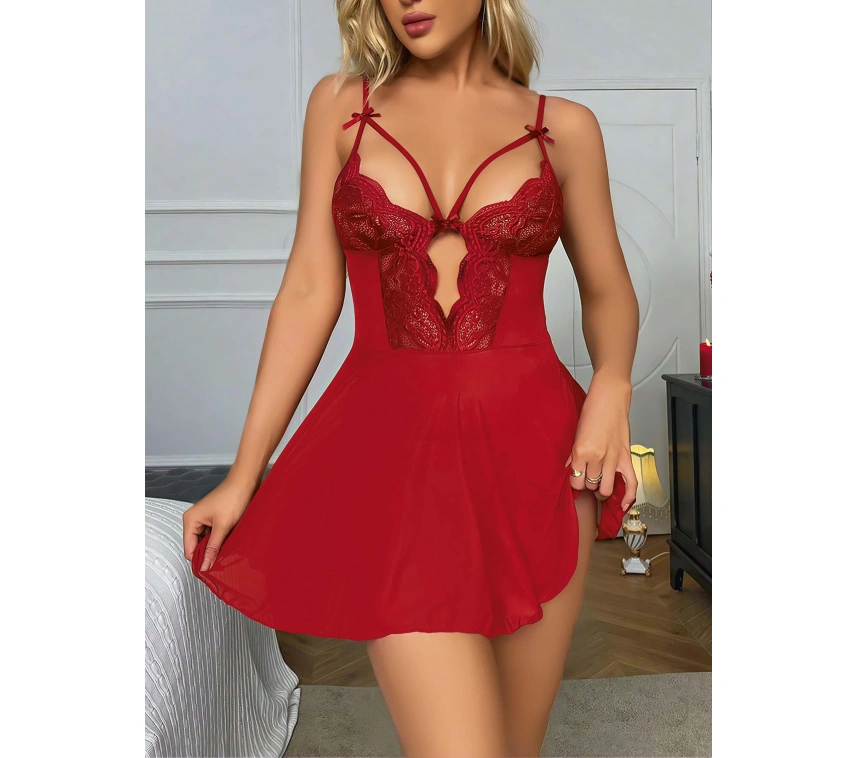 Kırmızı Dantel İşlemeli Göğüs İp Detaylı Fantezi Tül Gecelik Takımı