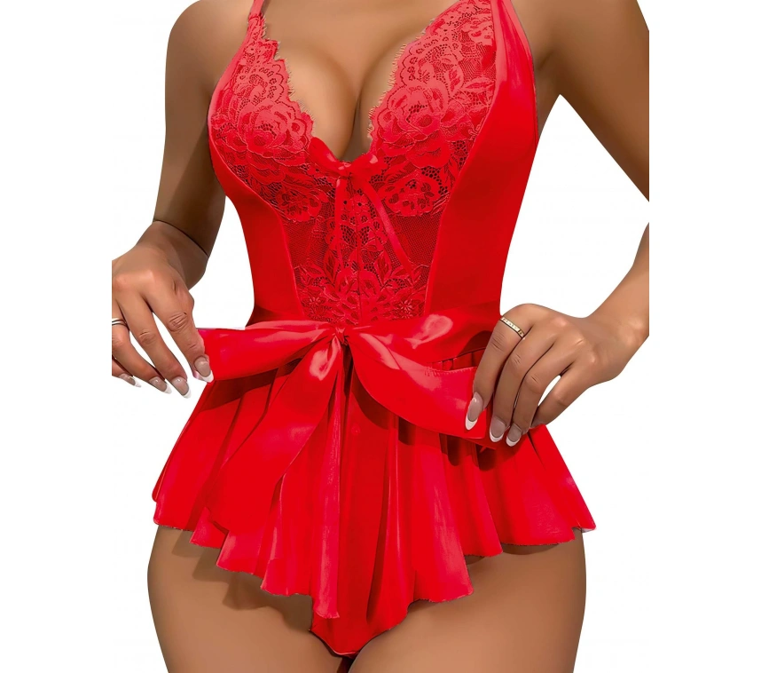 Kırmızı Dantel İşlemeli Kurdelalı Fantezi Tül Babydoll