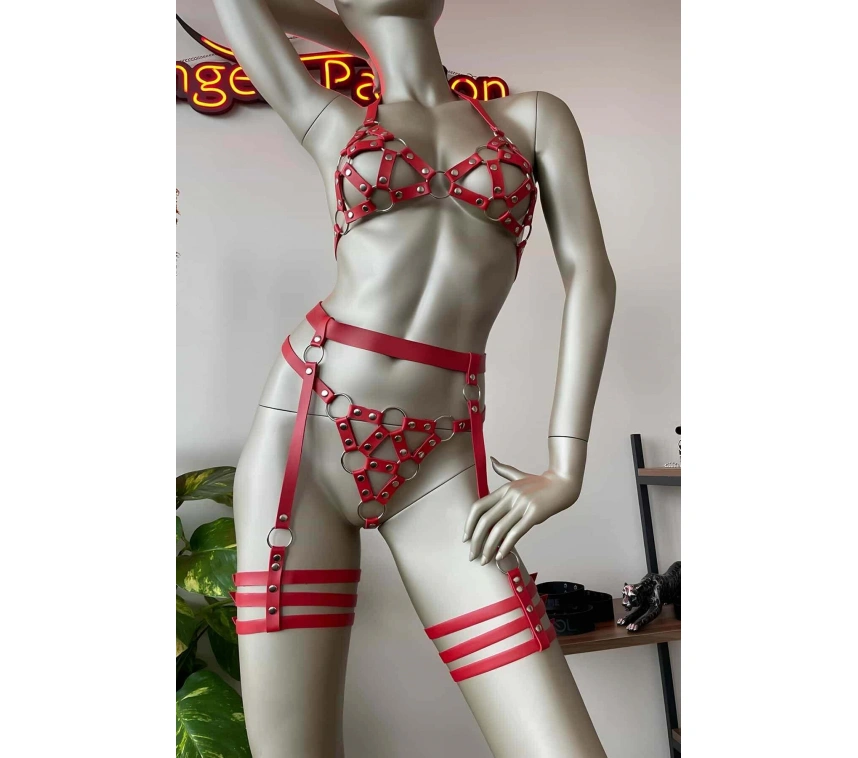 Kırmızı Deri Bdsm Fantazi Jartiyer Takım