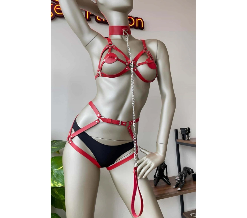 Kırmızı Deri Tasma Detaylı Şık Harness Takım
