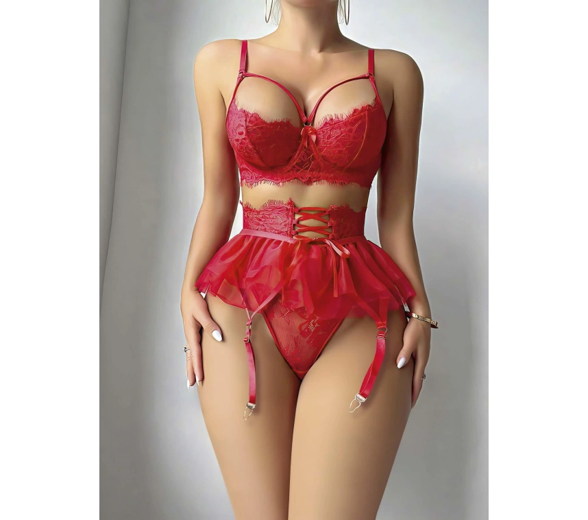 Kırmızı Etek Tül Fantezi Jartiyer Takım 2079