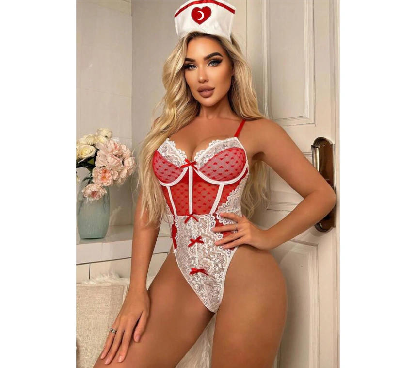 Kırmızı Fantezi Body Hemşire Kostümü