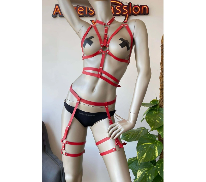 Kırmızı Fantezi Deri Jartiyer Harness Takım