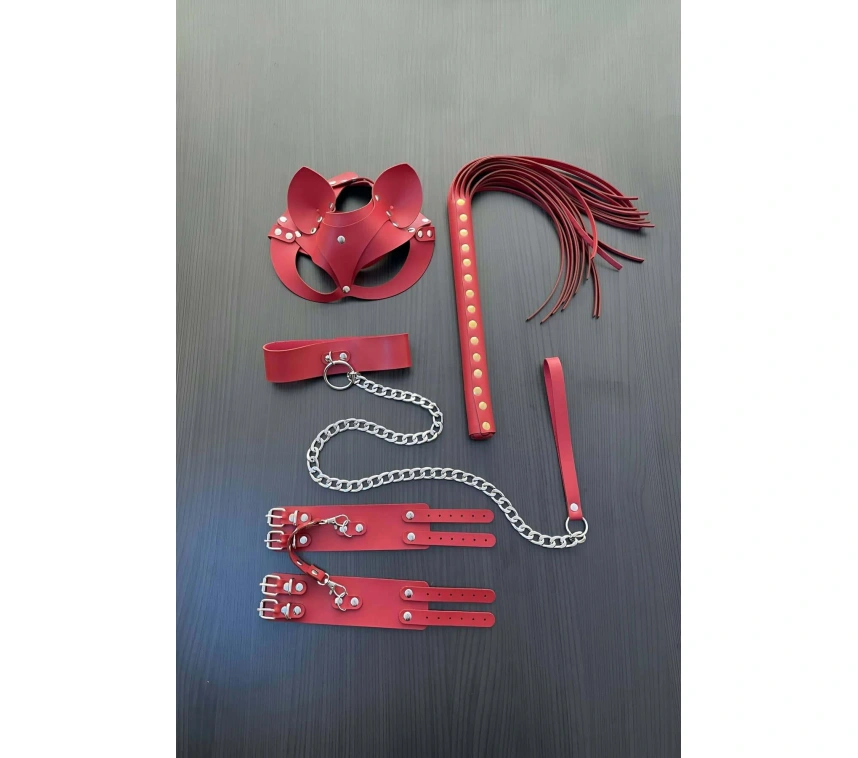 Kırmızı Fantezi Set, Kırbaç - Kelepçe - Tasma - Maske Takım - Brf1246