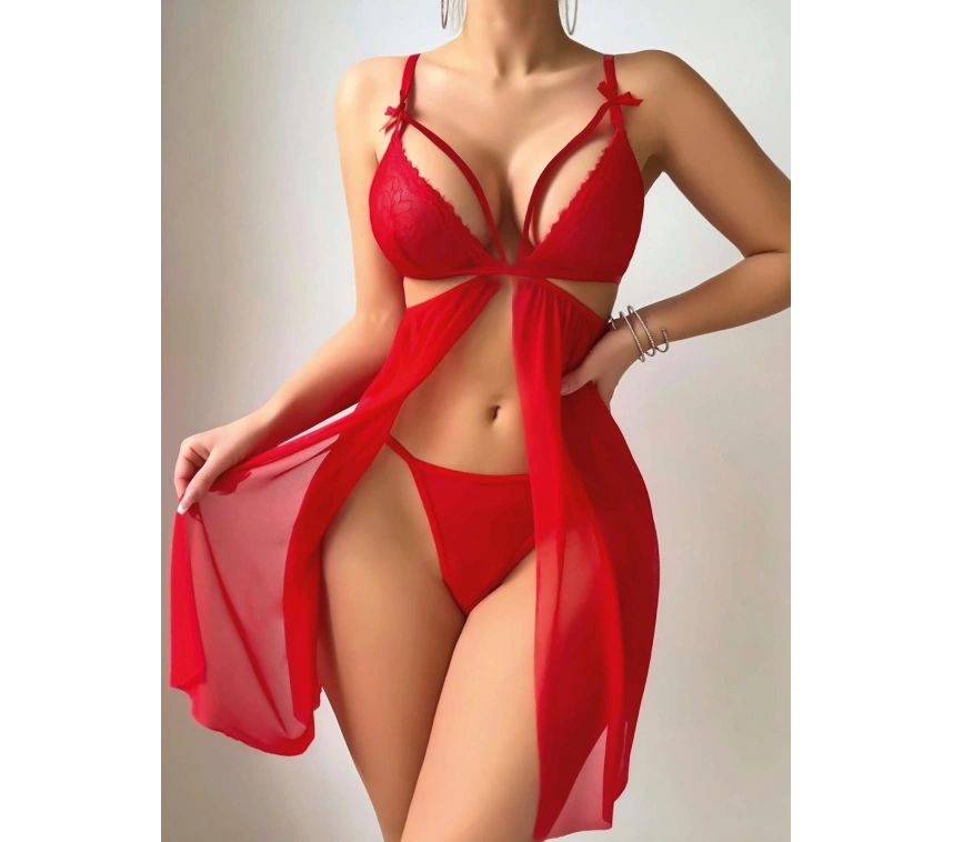 Kırmızı Göğüs İp Detaylı Dantel İşlemeli Tül Gecelik