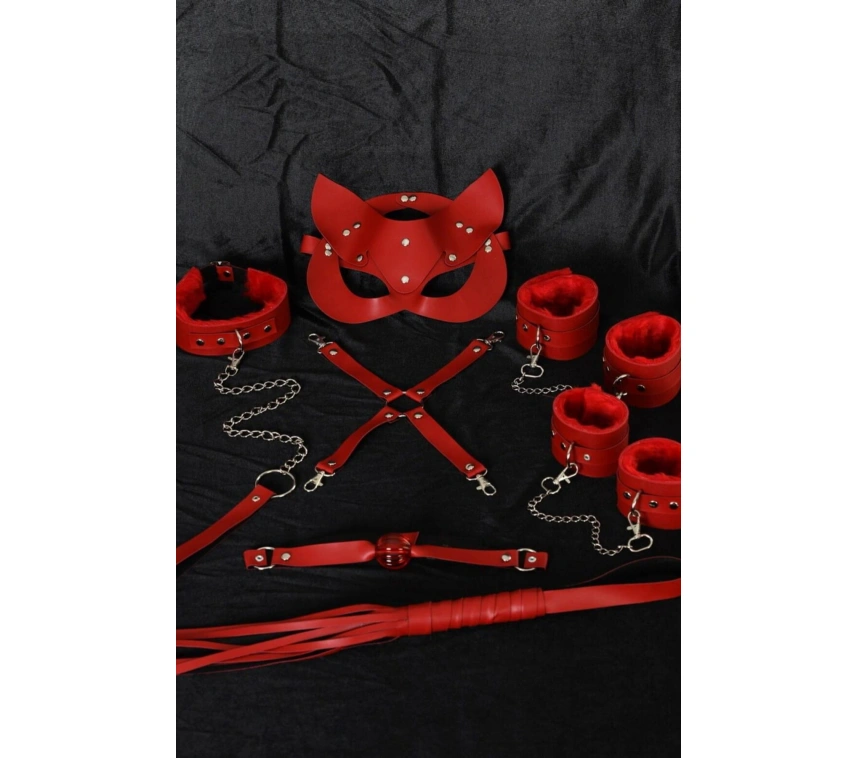Kırmızı İçi Tüğlü Maske,kol,bacak,ağız Topu,kırbaç,tasma Set 700938