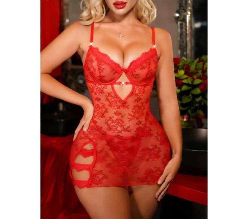 Kırmızı Kalp Aksesuarlı Yırtmaçlı Dantel İşlemeli Fantezi Gecelik