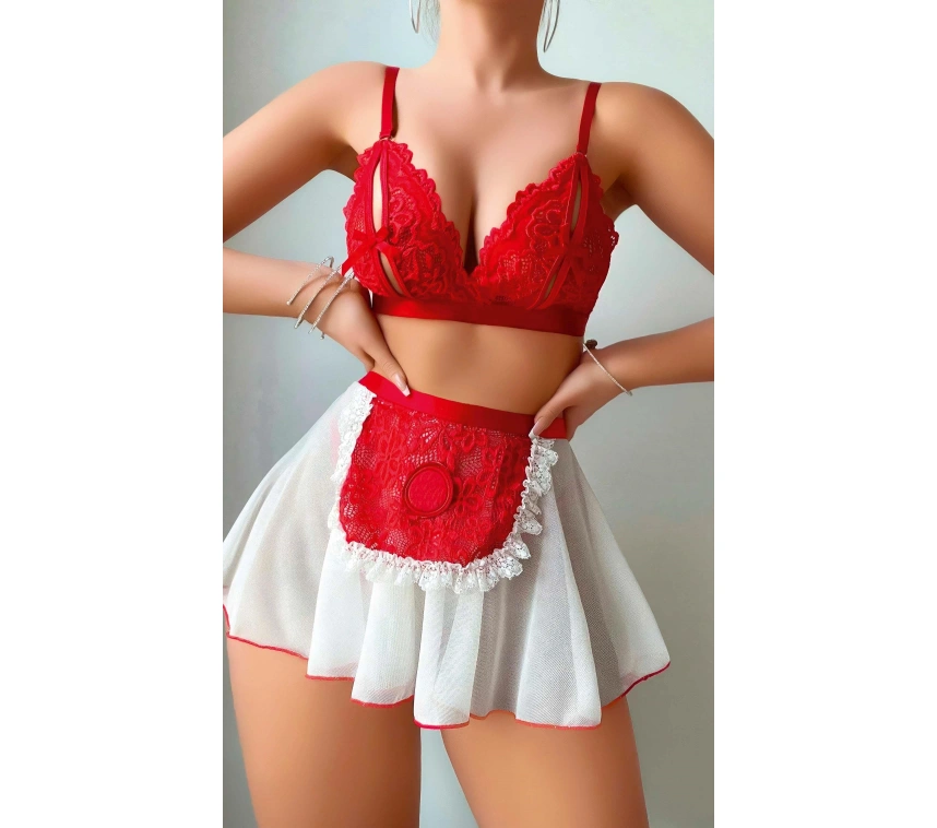 Kırmızı Puantiye Etekli Kadın Fantazi Kostüm 3819