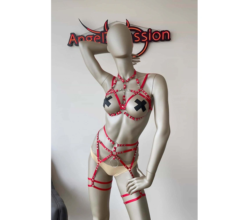 Kırmızı Seksi Elastik Jartiyer Harness Takım