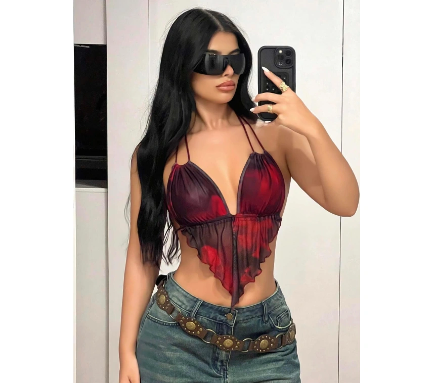 Kırmızı Siyah Desenli İnce Askılı Üçgen Kesim Crop