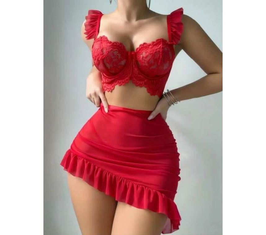 Kırmızı Transparan Fantezi Etekli Fırfırlı Sütyen Takım