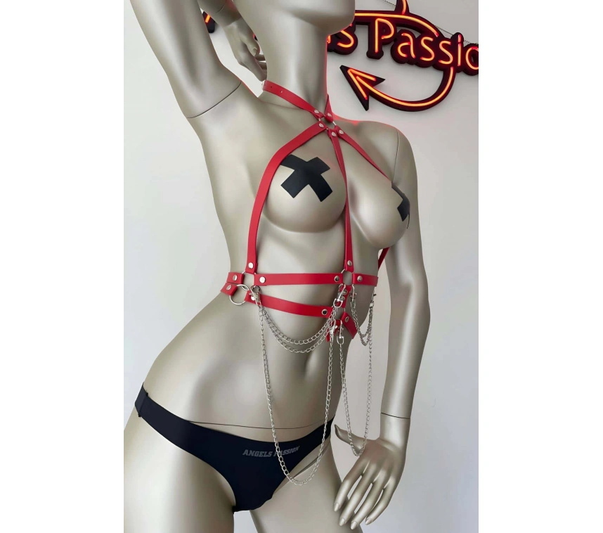 Kırmızı Ve Zincir Detaylı Şık Deri Harness - Brf3