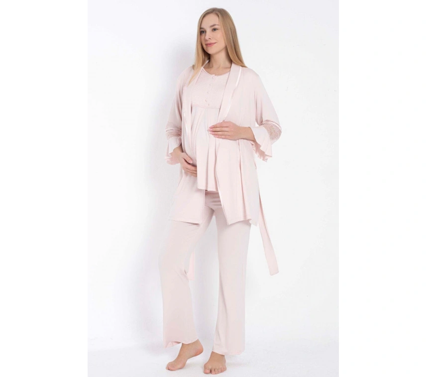 Kısa Kol Bisiklet Yaka Kadın Viskon Dantel Detaylı Hamile Pijama Takımı Sabahlık